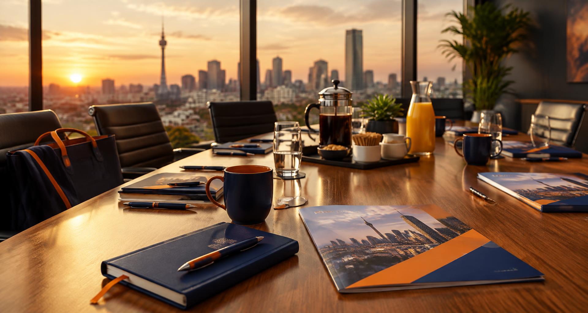 Boardroom table with navy and orange branded notebooks, mugs and printed brochures