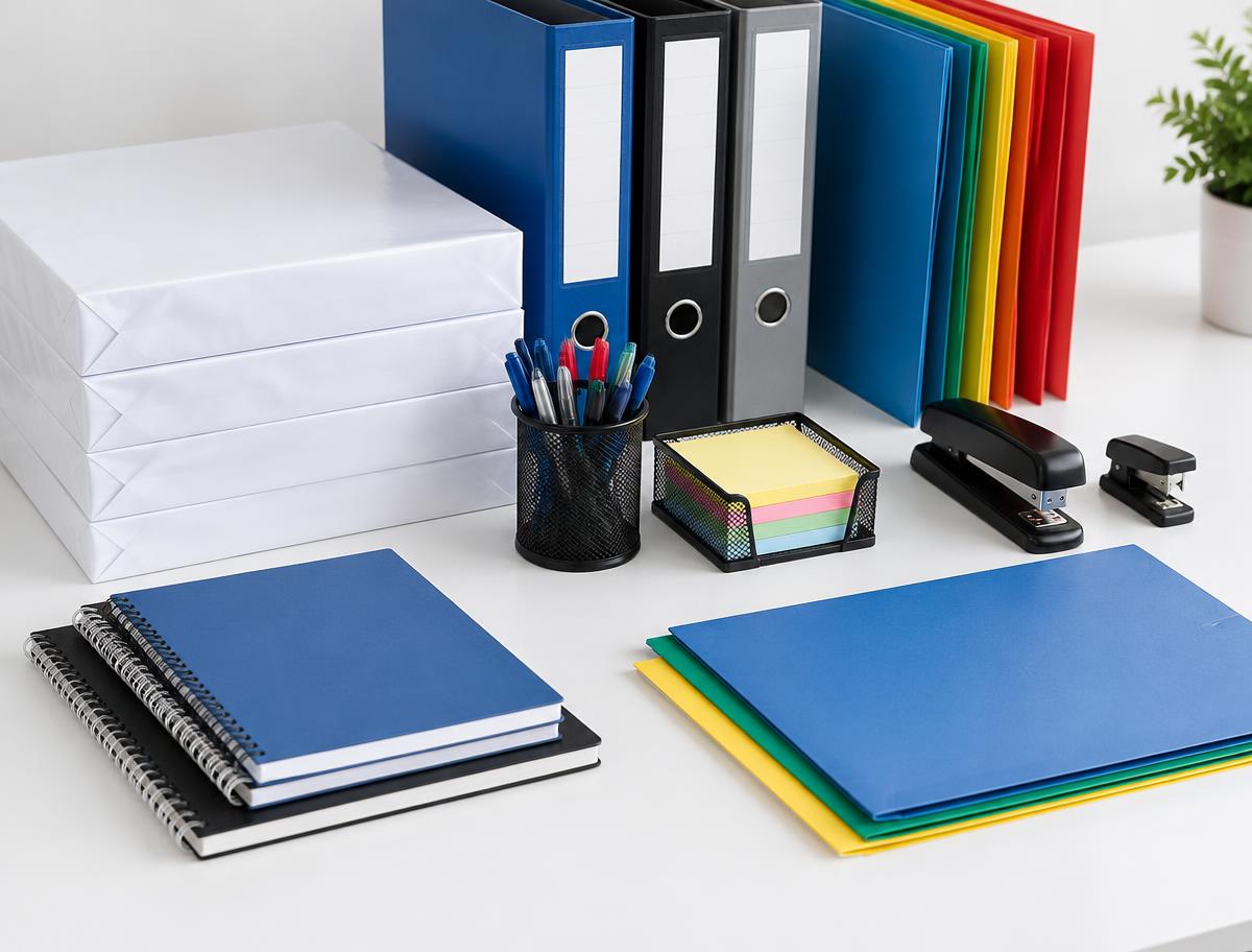 Neatly arranged office supplies including paper, files, pens and staplers