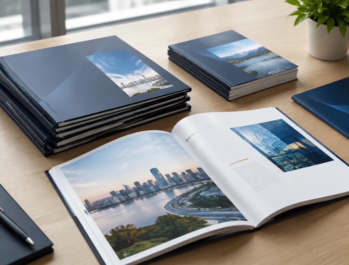 Stacks of printed corporate reports and an open brochure on a desk